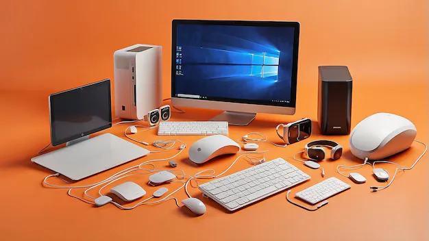 A desktop computer with its monitor, speakers and peripherals